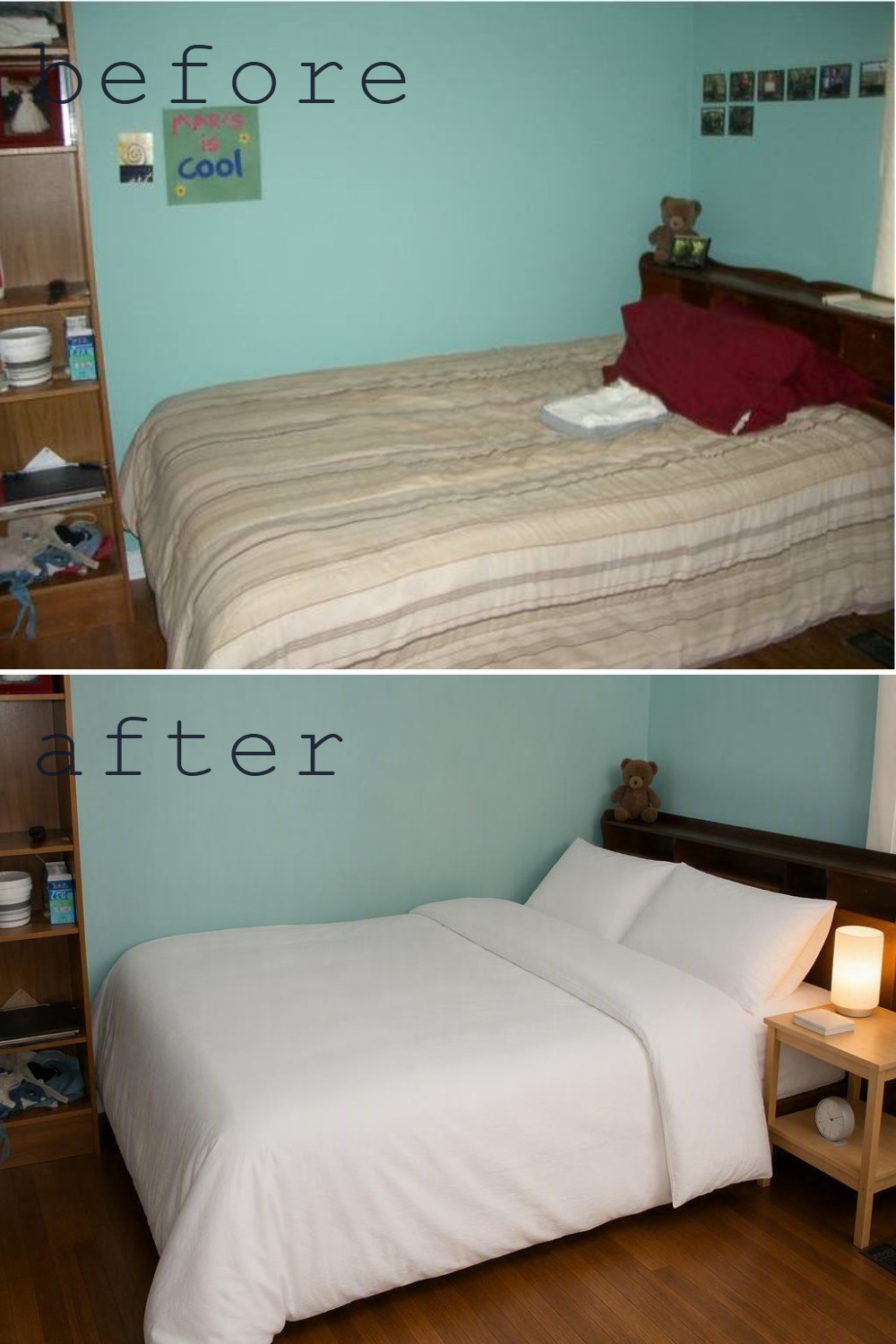 A real bedroom before and after image supporting AI bedroom redesign content with a simple blue room refreshed through light styling changes
