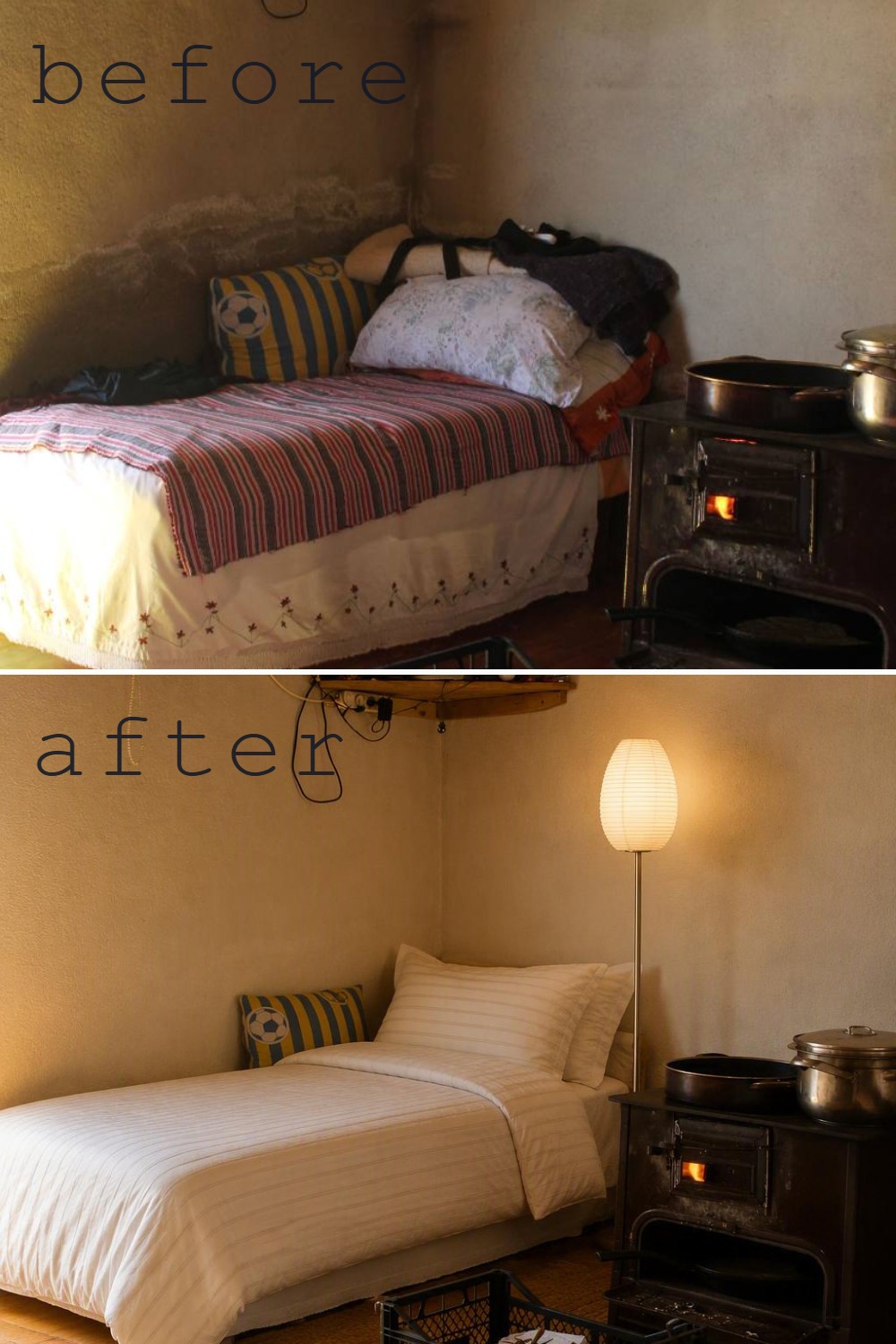 A small dark bedroom before and after cover showing a brighter makeover