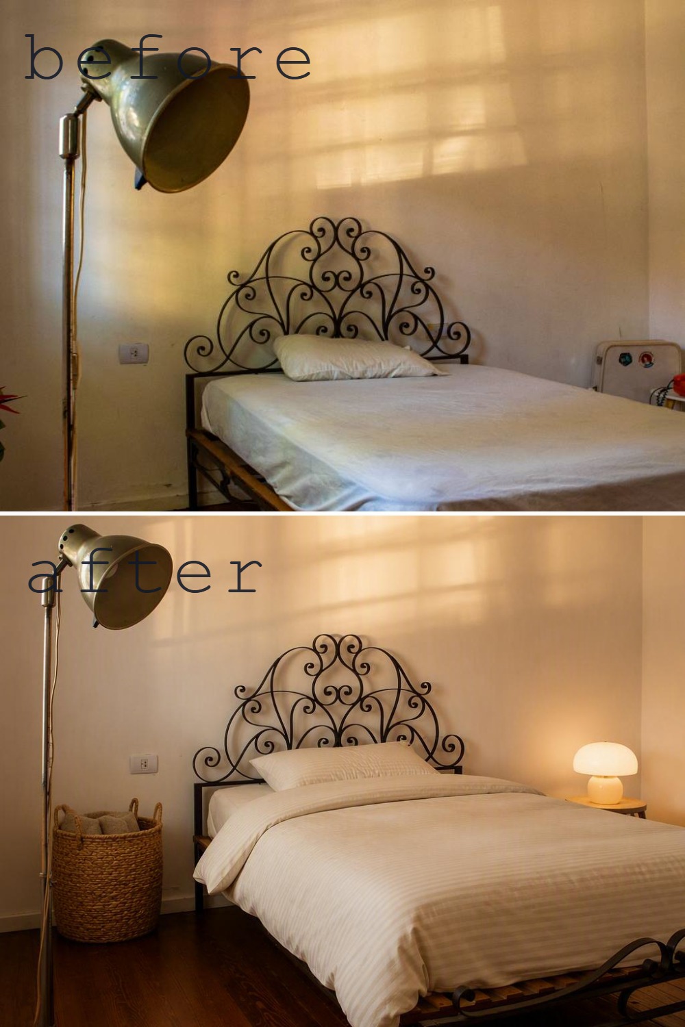 A bedroom before and after cover showing softer layered lighting