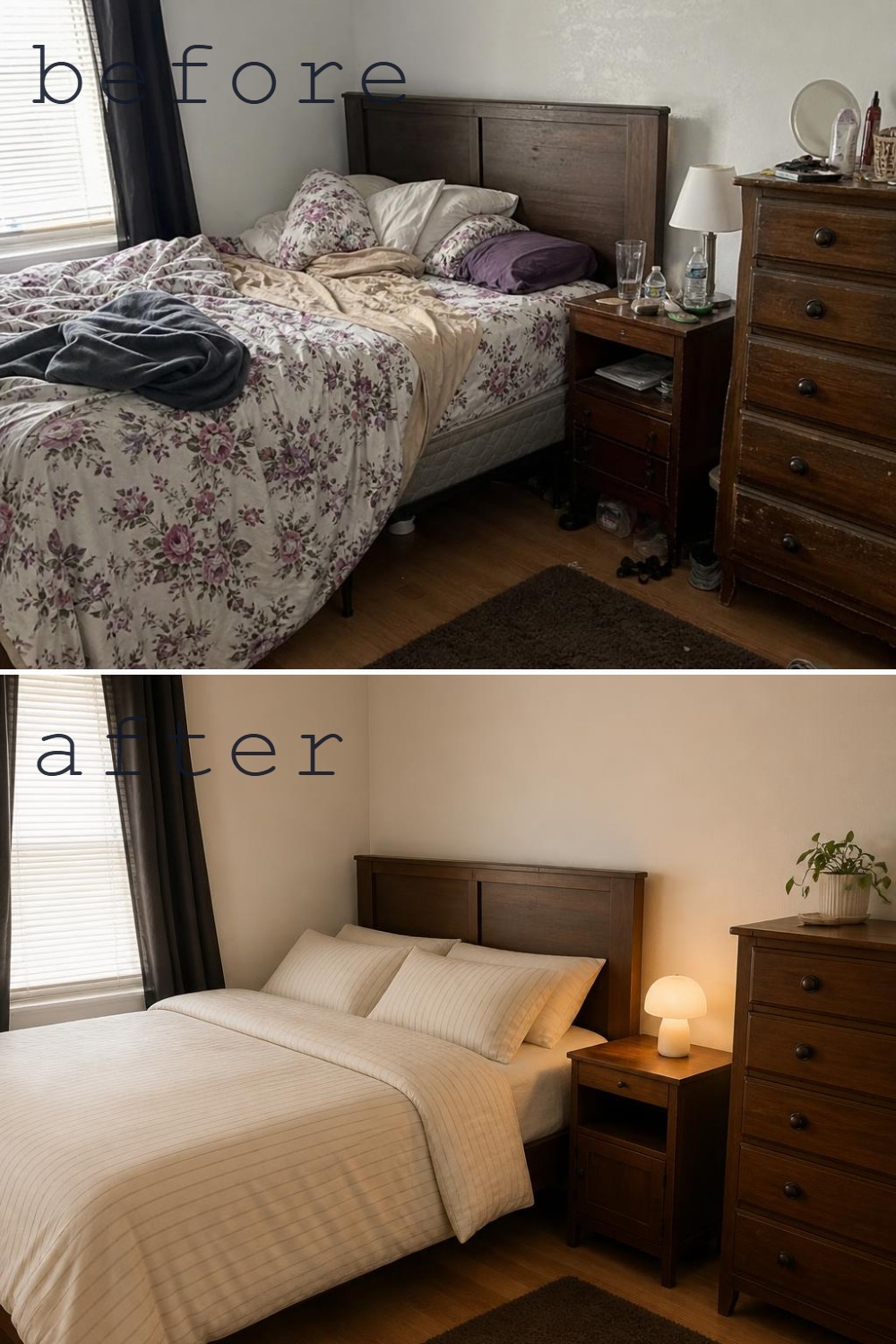 A beige-toned bedroom before and after cover showing floral bedding replaced by softer neutral styling